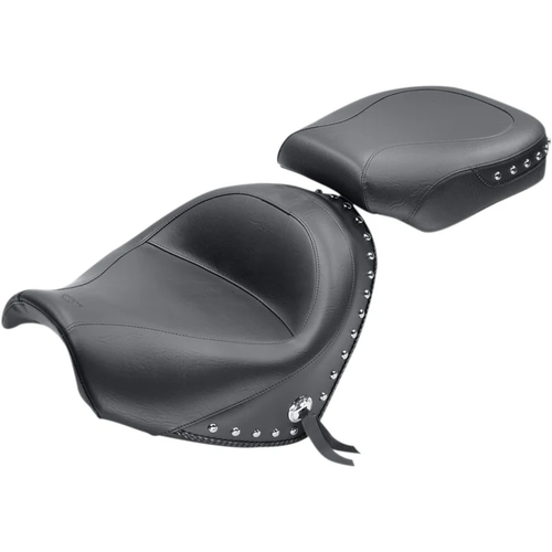 Mustang 76060 Wide Touring Seat Seat - Wide - Touring - Without Backrest - Two-Piece - Chrome Studded - Black w/Conchos - Suzuki