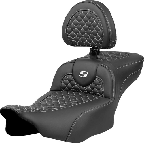 Saddlemen Roadsofa™ Extended Reach Seat - Dragon Scale Stitch - White Stitch - w/ Backrest - FLTR/FLHX '23-'24