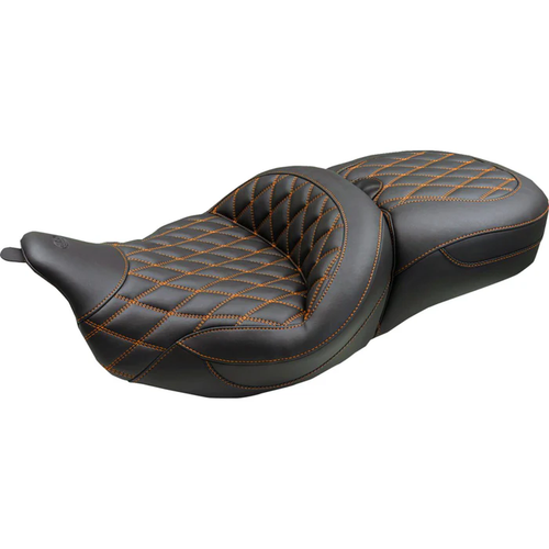 Mustang 89538MO One Piece 2-Up Seat Super Touring Seat - Double Diamond Mandarin Orange Stitch FLH/FLT '08-'25