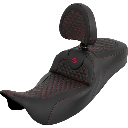 Saddlemen 808-07B-209B4 Dragon Scale Stitch RoadSofa™ Seat Extended Reach Red Stitch with Backrest Touring '08-'25