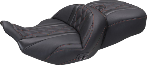 MUSTANG 89410AB Heated Super Touring One Piece 2-Up Seat - Deluxe Diamond American Beauty Stitch FLT/FLH '23-'26