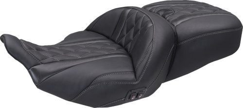 MUSTANG 89410GM Heated Super Touring One Piece 2-Up Seat - Deluxe Diamond Gun Metal Stitch FLT/FLH '23-'26