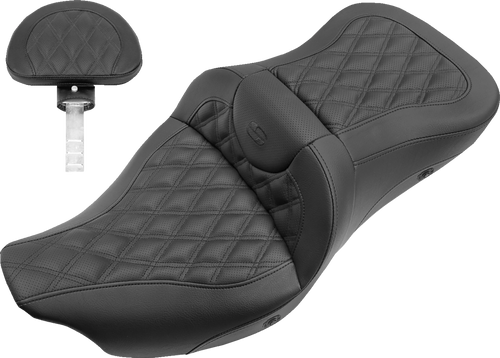 SADDLEMEN 808-07B-182BRHC Heated Roadsofa™ Lattice Stitched Seat - with Backrest Full Lattice Stitch Heated FLH/FLT '08-'25