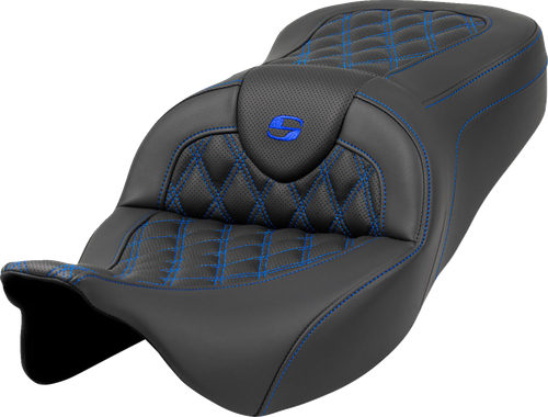 SADDLEMEN 808-07B-18201 Roadsofa™ Lattice Stitch Seat - Lattice Stitch Blue Stitch without Backrest FLH/FLT '08-'23