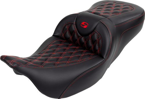 SADDLEMEN 808-07B-182B4 Roadsofa™ Lattice Stitch Seat - with Backrest Red Stitch FL '08-'23