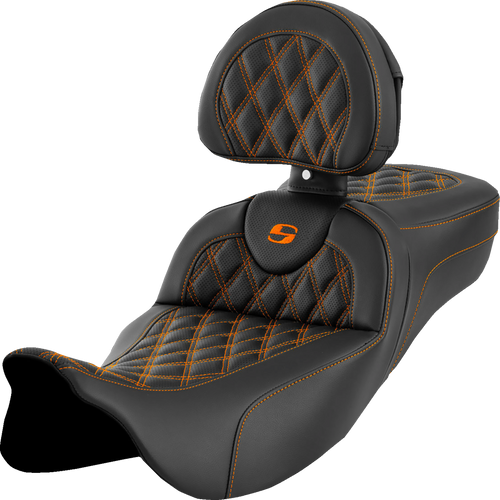 SADDLEMEN 808-07B-184B3 Roadsofa™ Extended Reach Seat - Lattice Stitch Orange Stitch with Backrest FL '08-'24