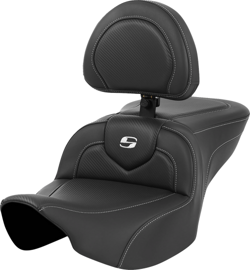 SADDLEMEN 823-07-185BR Roadsofa™ Carbon Fiber Seat - Carbon Fiber Silver Stitch/Silver Logo with Backrest FL '23-'24