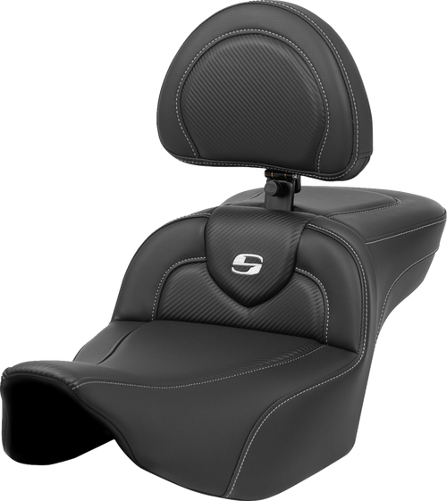 SADDLEMEN 823-07-186BR Roadsofa™ Extended Reach Carbon Fiber Seat - Carbon Fiber Silver Stitch/Silver Logo w/ Backrest FL '23-'24