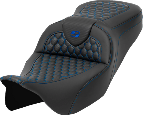 SADDLEMEN 808-07B-18901 Honeycomb Roadsofa™ Seat - Honeycomb Blue Stitch without Backrest FLH/FLT '08-'23