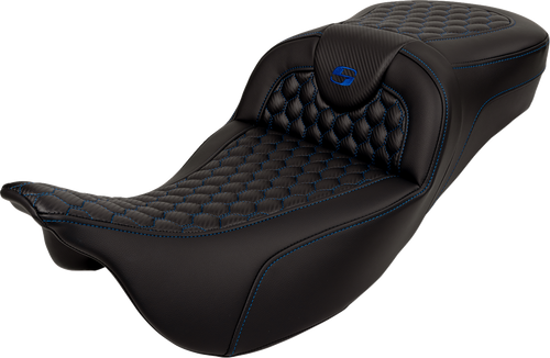 SADDLEMEN 808-07B-19001 Honeycomb Roadsofa™ Seat - Honeycomb Blue Stitch Extended Reach without Backrest FLH/FLT '08-'24