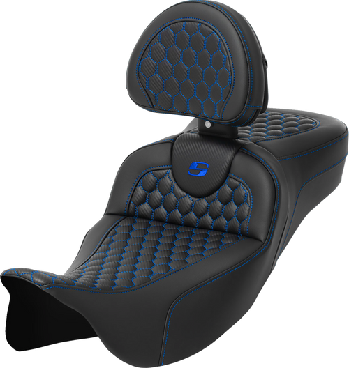 SADDLEMEN 808-07B-190B1 Honeycomb Roadsofa™ Seat - Honeycomb Blue Stitch with Backrest Extended Reach FLH/FLT '08-'24