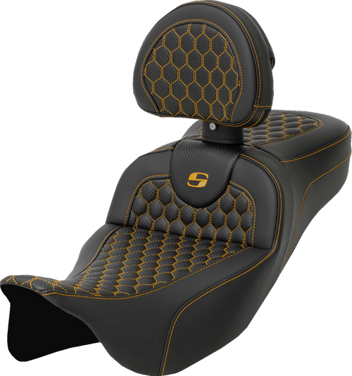 SADDLEMEN 808-07B-190B7 Honeycomb Roadsofa™ Seat - Honeycomb Gold Stitch with Backrest Extended Reach FLH/FLT '08-'24