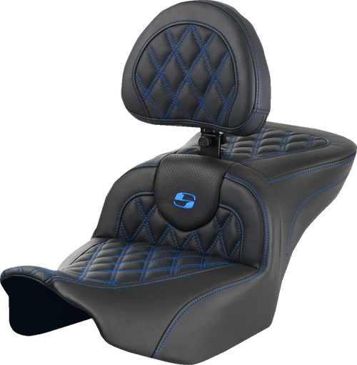 SADDLEMEN 823-07-182B1 Roadsofa™ Lattice Stitch Seat - with Backrest Lattice Stitch Blue Stitch FLTR/FLHX '23-'24