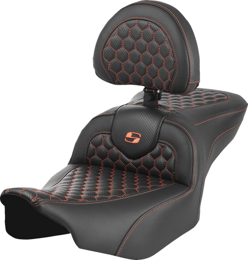 SADDLEMEN 823-07-189B3 Honeycomb Roadsofa™ Seat - with Backrest Honeycomb Orange Stitch FLTR/FLHX '23-'24