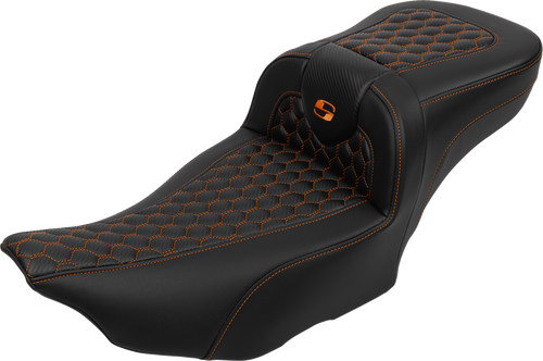 SADDLEMEN 823-07-190B3 Roadsofa™ Extended Reach Seat - with Backrest Honeycomb Orange Stitch FLTR/FLHX '23-'24
