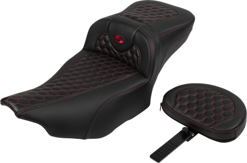 SADDLEMEN 823-07-190B4 Roadsofa™ Extended Reach Seat - with Backrest Honeycomb Red Stitch FLTR/FLHX '23-'24