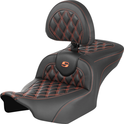 SADDLEMEN 823-07-206B3 Roadsofa™ Lattice Stitch Seat - with Backrest Carbon Fiber Lattice Stitch Orange Stitch FLTR/FLHX '23-'24