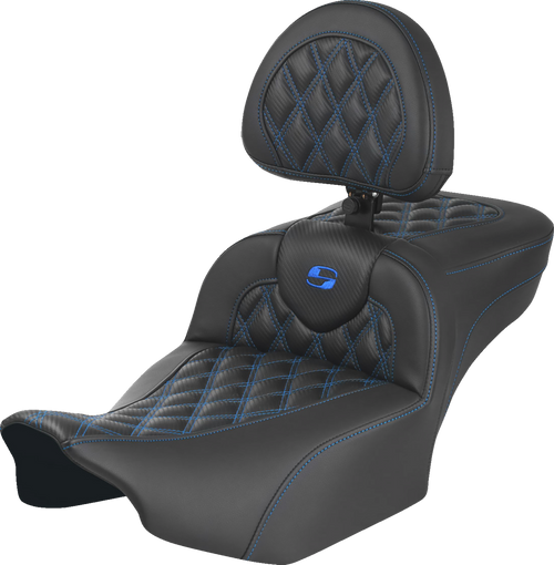 SADDLEMEN 823-07-207B1 Roadsofa™ Extended Reach Seat - with Backrest Lattice Stitch Blue Stitch FLTR/FLHX '23-'24