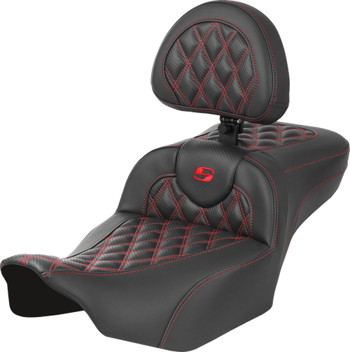 SADDLEMEN 823-07-207B4 Roadsofa™ Extended Reach Seat - with Backrest Lattice Stitch Red Stitch FLTR/FLHX '23-'24