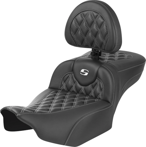 SADDLEMEN 823-07-207B6 Roadsofa™ Extended Reach Seat - with Backrest Lattice Stitch White Stitch FLTR/FLHX '23-'24