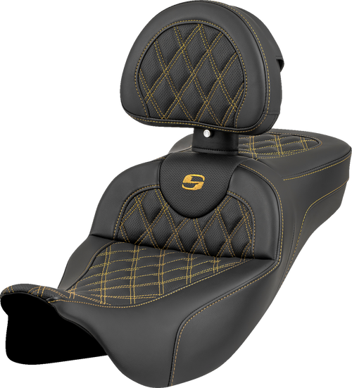 SADDLEMEN 808-07B-184B7 Roadsofa™ Extended Reach Seat - Lattice Stitch Gold Stitch with Backrest FL '08-'23