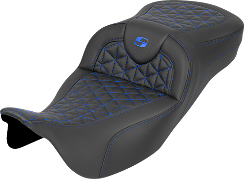 SADDLEMEN 808-07B-21101 RoadSofa™ Tri Gripper Seat - Extended Reach Blue Stitch w/o Backrest FLH/FLT '08-'25