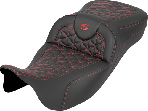 SADDLEMEN 808-07B-21104 RoadSofa™ Tri Gripper Seat - Extended Reach Red Stitch w/o Backrest FLH/FLT '08-'25