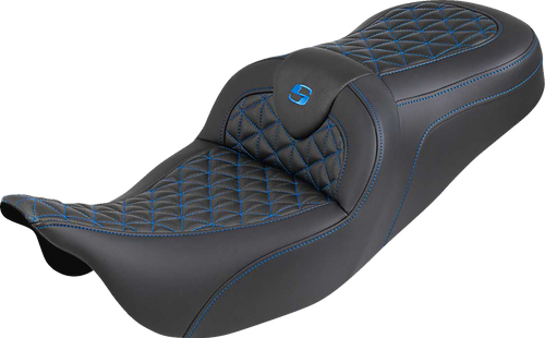 SADDLEMEN 808-07B-21001 RoadSofa™ Tri Gripper Seat - Standard Reach Blue Stitch w/o Backrest FLH/FLT '08-'25