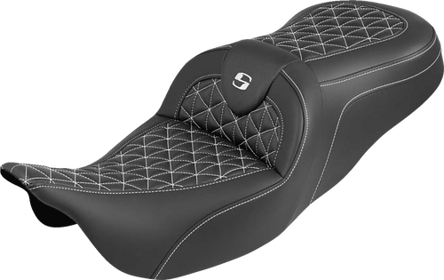SADDLEMEN 808-07B-21006 RoadSofa™ Tri Gripper Seat - Standard Reach White Stitch w/o Backrest FLH/FLT '08-'25