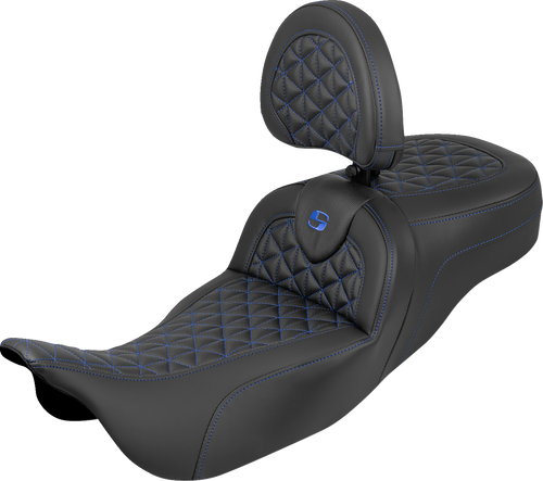 SADDLEMEN 808-07B-211B1 Extended Reach RoadSofa™ Tri Gripper Seat - Extended Reach Blue Stitch w/ Backrest FLH/FLT '08-'25