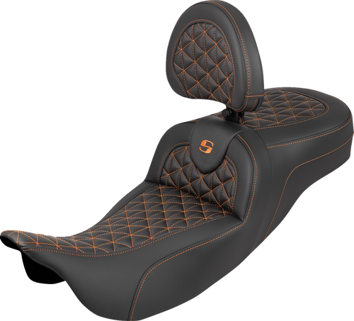 SADDLEMEN 808-07B-211B3 Extended Reach RoadSofa™ Tri Gripper Seat - Extended Reach Orange Stitch w/ Backrest FLH/FLT '08-'25