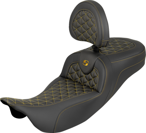 SADDLEMEN 808-07B-211B7 RoadSofa™ Tri Gripper Seat - Standard Reach Gold Stitch w/ Backrest FLH/FLT '08-'25