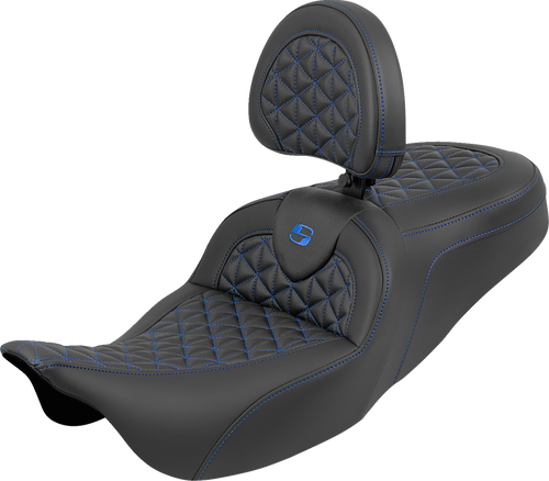 SADDLEMEN 808-07B-210B1 RoadSofa™ Tri Gripper Seat - Standard Reach Blue Stitch w/ Backrest FLH/FLT '08-'25