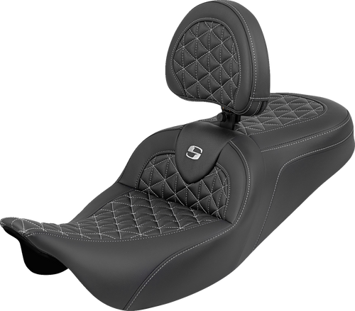 SADDLEMEN 808-07B-210B5 RoadSofa™ Tri Gripper Seat - Standard Reach Silver Stitch w/ Backrest FLH/FLT '08-'25