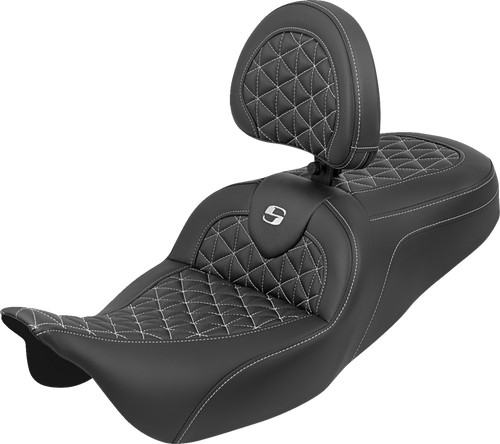 SADDLEMEN 808-07B-210B6 RoadSofa™ Tri Gripper Seat - Standard Reach White Stitch w/ Backrest FLH/FLT '08-'25