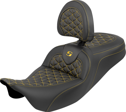 SADDLEMEN 808-07B-210B7 RoadSofa™ Tri Gripper Seat - Standard Reach Gold Stitch w/ Backrest FLH/FLT '08-'25