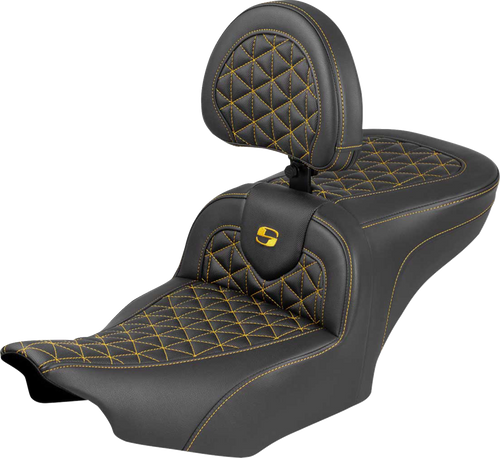 SADDLEMEN 823-07-210B7 Roadsofa™ Standard Reach Seat - with Backrest Gold Stitch FLH/FLT '23-'25