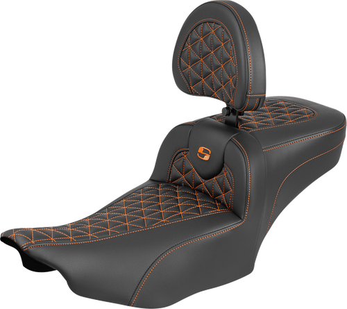 SADDLEMEN 823-07-211B3 Roadsofa™ Extended Reach Seat - with Backrest Orange Stitch FLH/FLT '23-'25