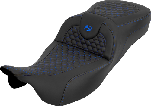 SADDLEMEN 808-07B-20901 Extended Reach RoadSofa™ Seat - Dragon Scale w/o Backrest Blue Stitch FLH/FLT '08-'25