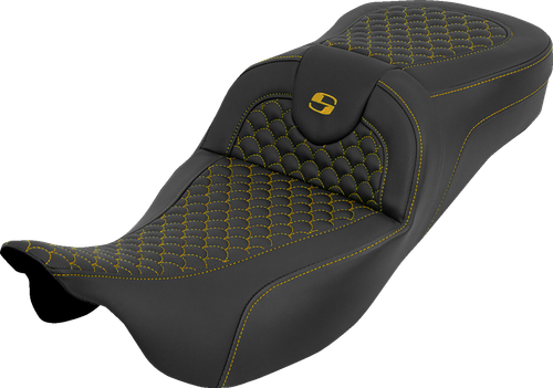 SADDLEMEN 808-07B-20907 Extended Reach RoadSofa™ Seat - Dragon Scale w/o Backrest Gold Stitch FLH/FLT '08-'25