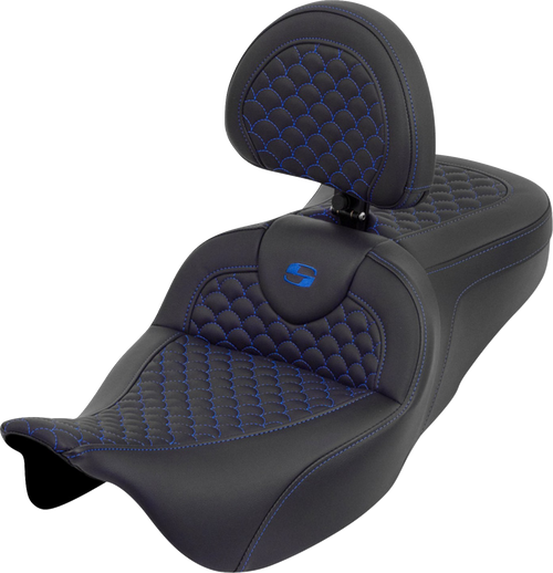 SADDLEMEN 808-07B-208B1 Dragon Scale Stitch RoadSofa™ Seat - Dragon Scale Blue Stitch with Backrest Touring '08-'25