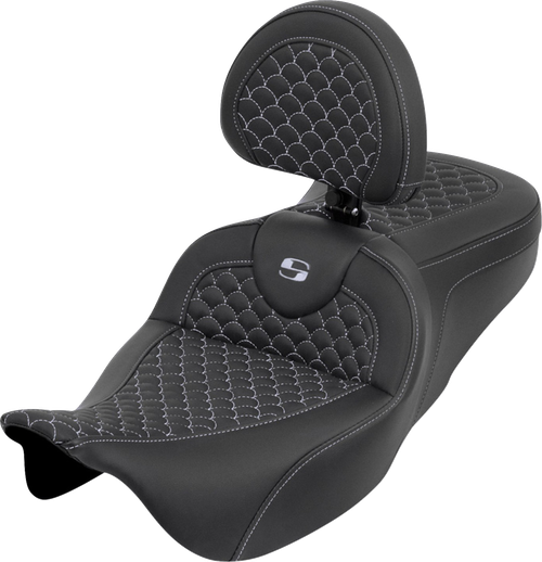 SADDLEMEN 808-07B-208B5 Dragon Scale Stitch RoadSofa™ Seat - Dragon Scale Silver Stitch with Backrest Touring '08-'25