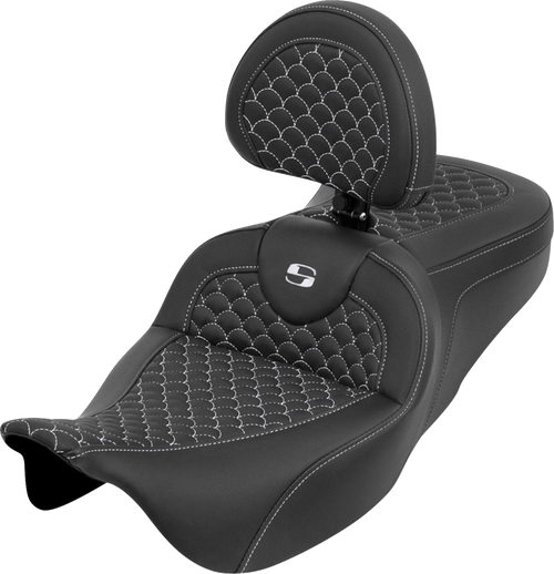 SADDLEMEN 808-07B-208B6 Dragon Scale Stitch RoadSofa™ Seat - Dragon Scale White Stitch with Backrest Touring '08-'25