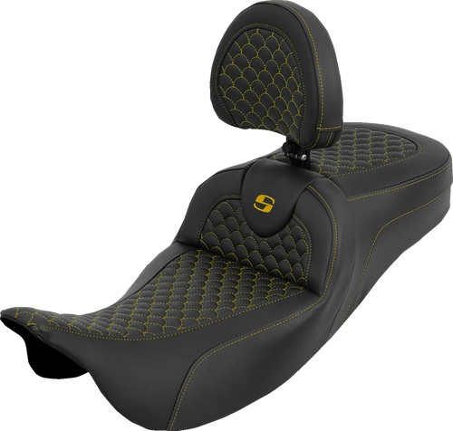 SADDLEMEN 808-07B-209B7 Dragon Scale Stitch RoadSofa™ Seat - Dragon Scale Gold Stitch with Backrest Touring '08-'25