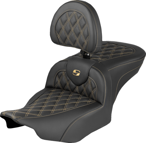 SADDLEMEN 823-07-182B7 Roadsofa™ Lattice Stitch Seat - with Backrest Lattice Stitch Gold Stitch FLH/FLT '23-'26