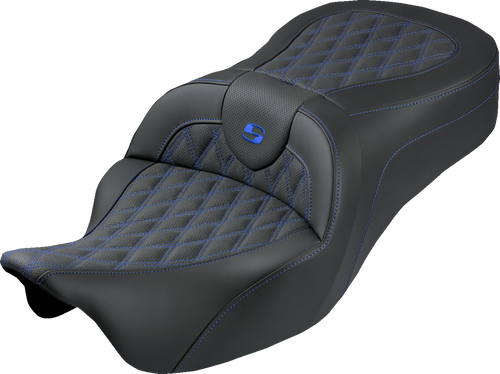 SADDLEMEN 808-07B-182S01 Roadsofa™ King Seat - No Backrest Lattice Stitch Blue Stitch FLH/FLT '08-'25