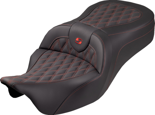 SADDLEMEN 808-07B-182S04 Roadsofa™ King Seat - No Backrest Lattice Stitch Red Stitch FLH/FLT '08-'25