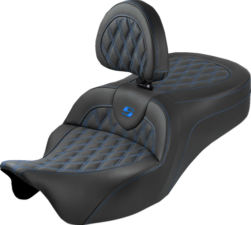 SADDLEMEN 808-07B-182SB1 Roadsofa™ King Seat - With Backrest Lattice Stitch Blue Stitch FLH/FLT '08-'25