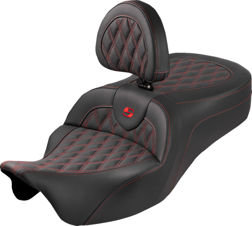 SADDLEMEN 808-07B-182SB4 Roadsofa™ King Seat - With Backrest Lattice Stitch Red Stitch FLH/FLT '08-'25