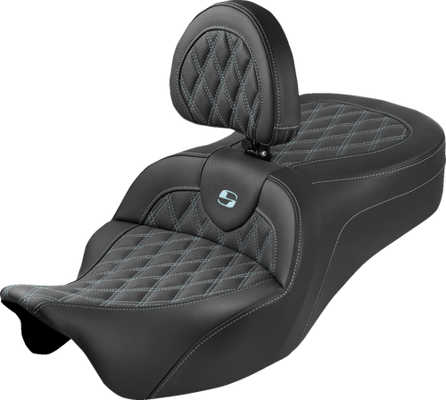 SADDLEMEN 808-07B-182SB5 Roadsofa™ King Seat - With Backrest Lattice Stitch Silver Stitch FLH/FLT '08-'25